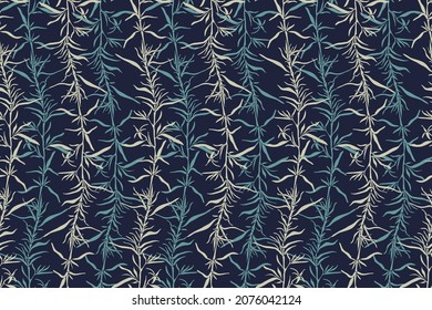 Vector floral seamless pattern. Floral elements. Beige, turquoise twigs and leaves on a dark blue background.