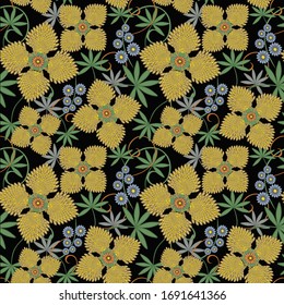 Vector floral sin fisuras. Comedor étnico con flores fantasticas, hojas verdes.Ornamento vintage. Elegante estampado paisajista con elementos dibujados a mano. Fondos de pantalla naturales de la jungla. Diseño repetible