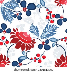 Vector floral seamless pattern in ethnic style. Elegant hand drawn texture with flowers, berries, leaves. Modern ornament in red, blue and white color. Stylish abstract background. Ornamental design