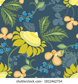 Vector floral seamless pattern in ethnic style. Elegant hand drawn texture with flowers, berries, leaves. Modern ornament in teal, green, blue, yellow, orange color. Abstract repeated background
