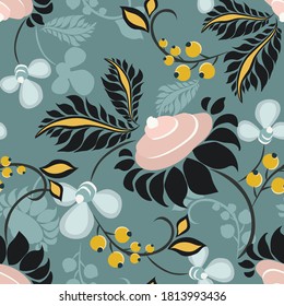 Vector floral seamless pattern in ethnic style. Elegant hand drawn texture with flowers, berries, leaves. Modern ornament in teal, yellow, soft pink and black color. Abstract botanical background