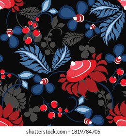 Vector floral seamless pattern in ethnic style. Elegant hand drawn texture with flowers, berries, leaves. Modern ornament in red, blue and black color. Stylish abstract background. Repeating design