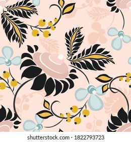 Vector floral seamless pattern in ethnic style. Elegant hand drawn texture with flowers, berries, leaves. Modern ornament in trendy pastel colors. Abstract botanical background. Repeatable design  