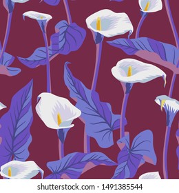 Vector floral seamless pattern with exotic calla flowers. Anthurium or flamingo flowers. Hawaiian, jungle plant pattern. Summer floral elements. Botanical illustration for textile, fabric and wrapping