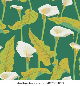 Vector floral seamless pattern with exotic calla flowers. Anthurium or flamingo flowers. Hawaiian, jungle plant pattern. Summer floral elements. Botanical illustration for textile, fabric and wrapping