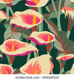 Vector floral seamless pattern with exotic calla flowers. Anthurium or flamingo flowers. Hawaiian, jungle plant pattern. Summer floral elements. Botanical illustration for textile, fabric and wrapping