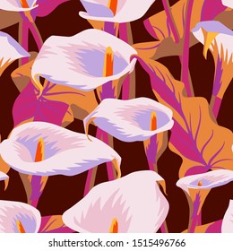 Vector floral seamless pattern with exotic calla flowers. Anthurium or flamingo flowers. Hawaiian, jungle plant pattern. Summer floral elements. Botanical illustration for textile, fabric and wrapping