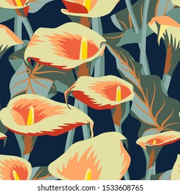 Vector floral seamless pattern with exotic calla flowers. Anthurium or flamingo flowers. Hawaiian, jungle plant pattern. Summer floral elements. Botanical illustration for textile, fabric and wrapping