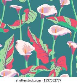 Vector floral seamless pattern with exotic calla flowers. Anthurium or flamingo flowers. Hawaiian, jungle plant pattern. Summer floral elements. Botanical illustration for textile, fabric and wrapping