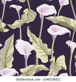 Vector floral seamless pattern with exotic calla flowers. Anthurium or flamingo flowers. Hawaiian, jungle plant pattern. Summer floral elements. Botanical illustration for textile, fabric and wrapping