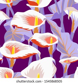 Vector floral seamless pattern with exotic calla flowers. Anthurium or flamingo flowers. Hawaiian, jungle plant pattern. Summer floral elements. Botanical illustration for textile, fabric and wrapping