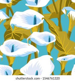 Vector floral seamless pattern with exotic calla flowers. Anthurium or flamingo flowers. Hawaiian, jungle plant pattern. Summer floral elements. Botanical illustration 