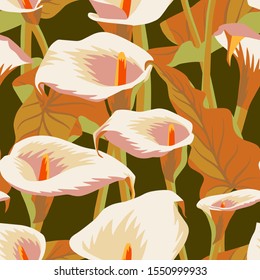 Vector floral seamless pattern with exotic calla flowers. Anthurium or flamingo flowers. Hawaiian, jungle plant pattern. Summer floral elements. Botanical illustration for textile, fabric and wrapping