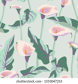 Vector floral seamless pattern with exotic calla flowers. Anthurium or flamingo flowers. Hawaiian, jungle plant pattern. Summer floral elements. Botanical illustration for textile, fabric and wrapping
