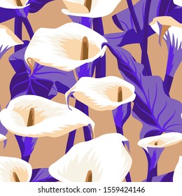 Vector floral seamless pattern with exotic calla flowers. Anthurium or flamingo flowers. Hawaiian, jungle plant pattern. Summer floral elements. Botanical illustration for textile, fabric and wrapping
