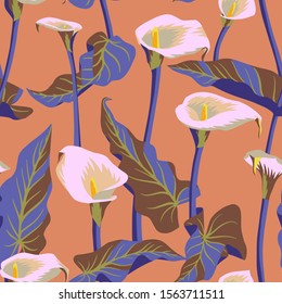 Vector floral seamless pattern with exotic calla flowers. Anthurium or flamingo flowers. Hawaiian, jungle plant pattern. Summer floral elements. Botanical illustration for textile, fabric and wrapping