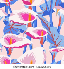 Vector floral seamless pattern with exotic calla flowers. Anthurium or flamingo flowers. Hawaiian, jungle plant pattern. Summer floral elements. Botanical illustration for textile, fabric and wrapping