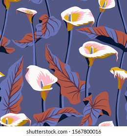 Vector floral seamless pattern with exotic calla flowers. Anthurium or flamingo flowers. Hawaiian, jungle plant pattern. Summer floral elements. Botanical illustration for textile, fabric and wrapping