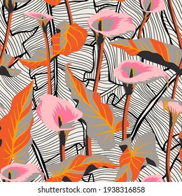 Vector floral seamless pattern with exotic calla flowers. Flamingo flowers mixed with detailed Palm leaves texture. Hawaiian, jungle plant pattern. Summer floral elements. Graphic, line drawing.