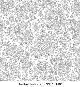 Vector floral seamless pattern. Exotic foliage with fantastic flowers, branches. Light grey fairy dahlia silhouette in the jungle on a white background.  Coloring book page for children and adults.