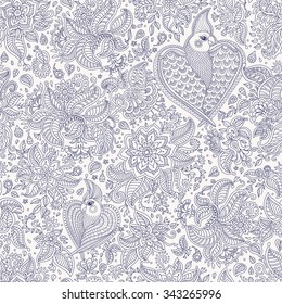 Vector floral seamless pattern. Exotic bird with fantastic flowers, leaves.Indigo blue contour thin drawing on a light beige background.Parrot heart shaped silhouette in the jungle.Coloring book page