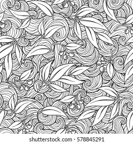 Vector floral seamless pattern. Exotic foliage with eucalyptus leaves, branches. Light grey fairy dahlia silhouette in the jungle on a white background. Coloring book page for children and adults.