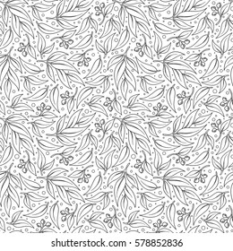 Vector floral seamless pattern. Exotic foliage with eucalyptus leaves, branches. Light grey fairy dahlia silhouette in the jungle on a white background. Coloring book page for children and adults.