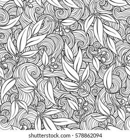 Vector floral seamless pattern. Exotic foliage with eucalyptus leaves, branches. Light grey fairy dahlia silhouette in the jungle on a white background. Coloring book page for children and adults.