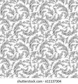 Vector floral seamless pattern. Exotic foliage with  branches. Coloring book page for children and adults.