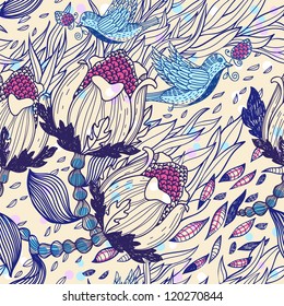 vector floral seamless pattern with fantasy plants and flying birds