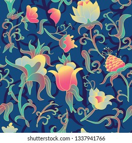 Vector floral seamless pattern. Fantasy Art deco style flowers and leaves. Illustration luxury design for textiles, paper, wallpaper, curtains, blinds. Vintage upholstery