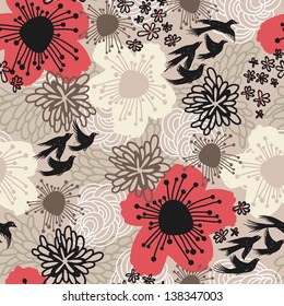 vector floral seamless pattern with fantasy flowers and flying birds