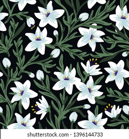 vector floral seamless pattern with fantasy blooms on a black background