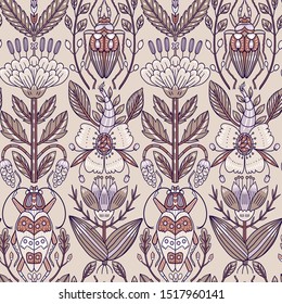 vector floral seamless pattern with fantasy blooms and bugs