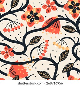 vector floral seamless pattern with fantasy folk curly flowers 