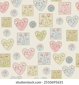 Vector floral seamless pattern featuring shapes in green, blue and pink on an ivory background. Perfect for projects that you want a floral pattern that is fun and quirky.