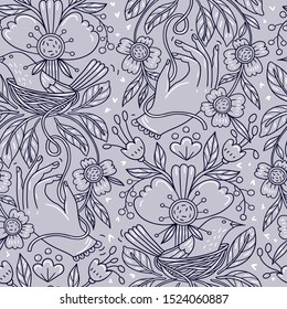 vector floral seamless pattern with female hands holdind  flowers and nesting birds
