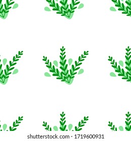 Vector floral seamless pattern with fern bushes in green colors in flat doodle style on white background. For textile prints or wrapping paper, for summer, spring or jungle concepts.