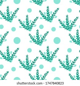 Patrón vectorial sin soldadura floral con arbustos de helecho en colores verdes en forma de doodle plano sobre fondo blanco. Para impresiones textiles o papel envolvente, para conceptos de verano, primavera o jungla.