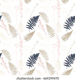 Vector floral seamless pattern with fern leaves, dill, chicory flowers and shepherd's purse plant .