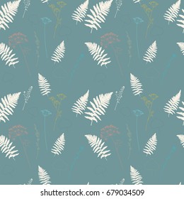 Vector floral seamless pattern with fern leaves, dill, chicory flowers and shepherd's purse plant . Thin delicate lines hand drawn silhouettes in pastel colors.