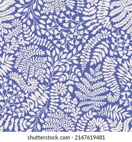 Vector floral seamless pattern with ferns silhouettes. Botanical repeated texture with branches and leaves. Elegant monochrome natural ornament with blue background.