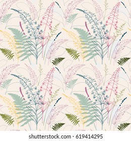 Vector floral seamless pattern  with  fireweed flowers, fern leaves, lavender and grass. Hand drawn thin lines meadow wild plants in pink, gray, blue and green, isolated on beige background.