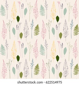 Vector floral seamless pattern  with  fireweed flowers,dill or fennel, fern leaves, lavender and grass. Hand drawn thin lines meadow wild plants in pink,purple, blue and green on beige background.
