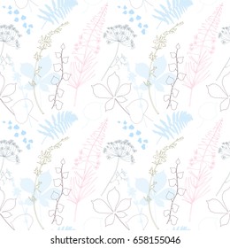 Vector floral seamless pattern  with  fireweed, chicory, dill flowers and fern, ivy and chestnut tree leaves. Hand drawn thin lines meadow wild plants.