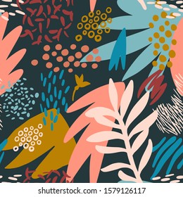 Vector floral seamless pattern. Flat flowers, petals, leaves with geometrical shape and doodle elements. Collage style botanical background for textile and surface. Cutout paper design, 