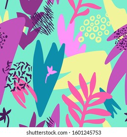 Vector floral seamless pattern. Flat flowers, petals, leaves with geometrical shape and doodle elements. Collage style botanical background for textile and surface. Cutout paper design, 