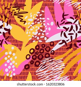 Vector floral seamless pattern. Flat flowers, petals, leaves with geometrical shape and doodle elements. Collage style botanical background for textile and surface. Cutout paper design, 