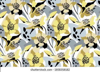 Vector floral seamless pattern. Flower background. Yellow, gray flowers, buds, leaves isolated on white background.