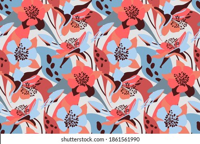 Vector floral seamless pattern. Flower background. Pink, blue flowers, buds, leaves isolated on light gray background.